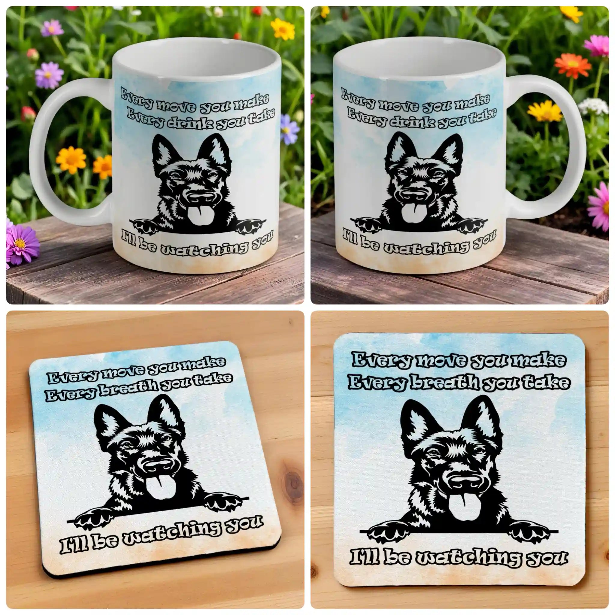 I'll Be Watching You Dutch Shepherd mug and coaster combo gift set collage, highlighting the funny watching dog theme with Dutch Shepherd illustration and soft watercolour backgrounds, by Laser Design Creations.