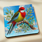 Side view of Eastern Rosella watercolour neoprene coaster with colourful native parrot perched on a leafy branch, by Laser Design Creations.