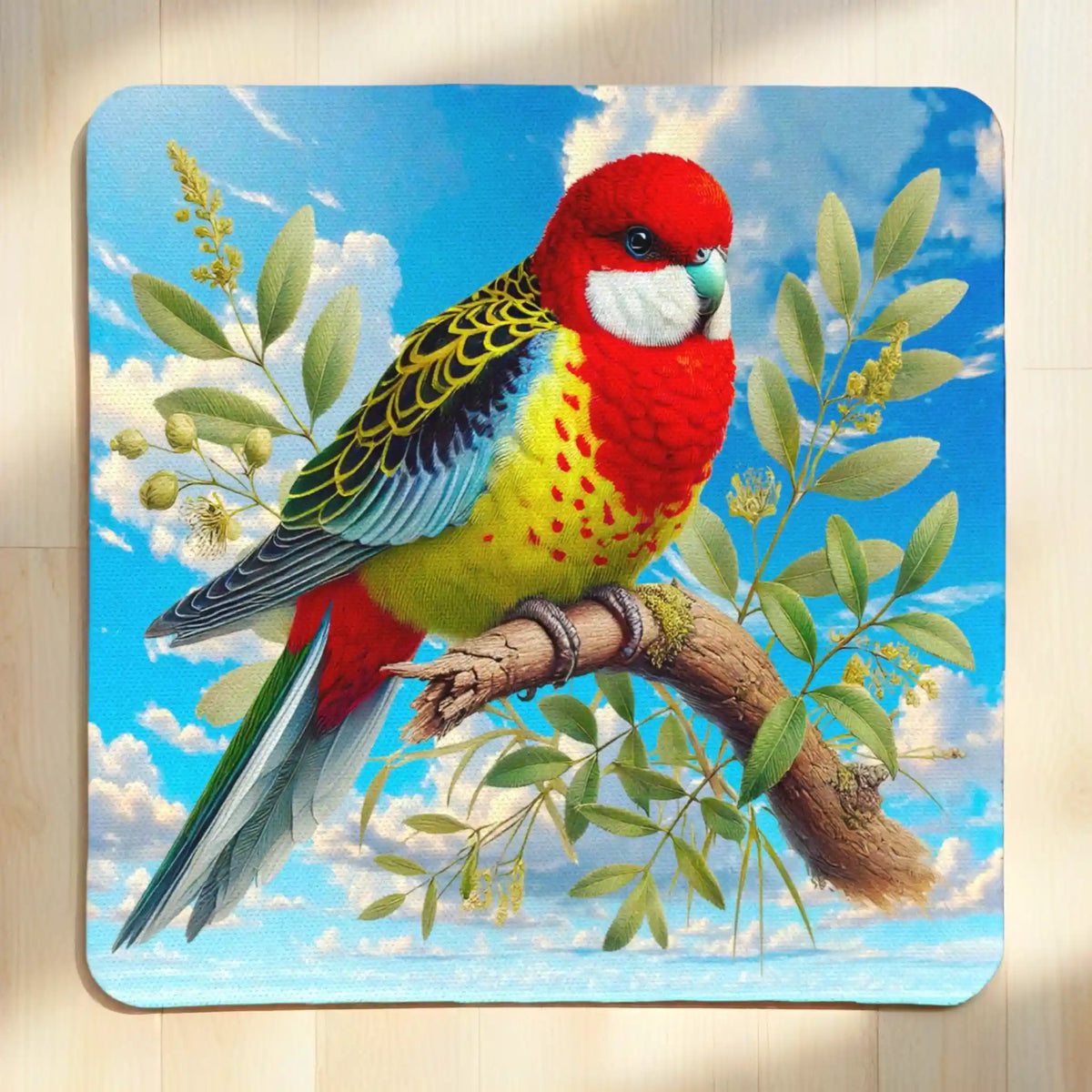 Top view of Eastern Rosella watercolour neoprene coaster with artistic native Australian bird resting on a gum branch, by Laser Design Creations.