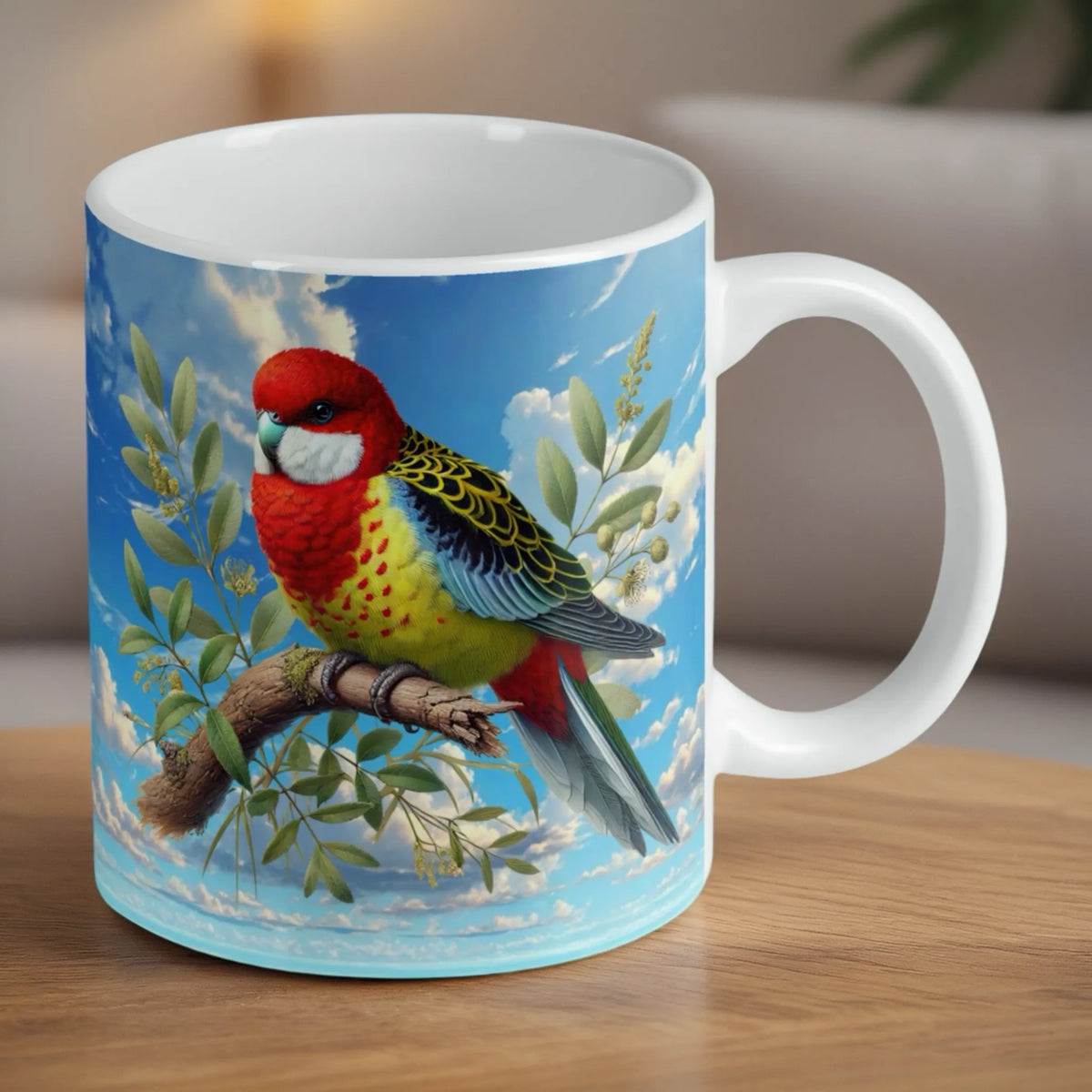 Reverse side of Eastern Rosella watercolour mug, painterly native bird on a leafy gum tree branch scene by Laser Design Creations.