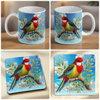 Eastern Rosella watercolour mug and coaster combo gift set collage, colourful native Australian parrot perched on a gum branch, by Laser Design Creations.