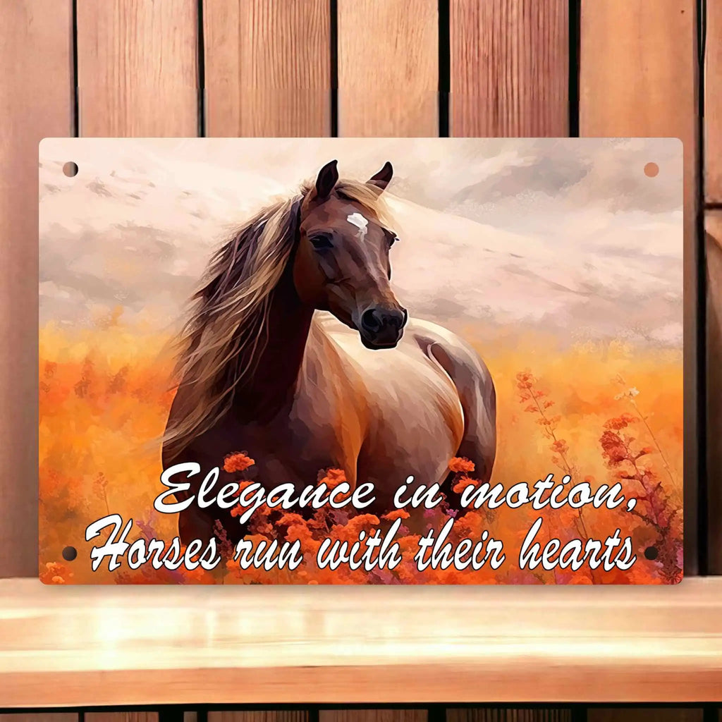Elegance in Motion Quote Aluminium Sign by Laser Design Creations, featuring an elegant running horse silhouette and expressive, warm painting background.