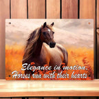 Elegance in Motion Quote Aluminium Sign by Laser Design Creations, featuring an elegant running horse silhouette and expressive, warm painting background.