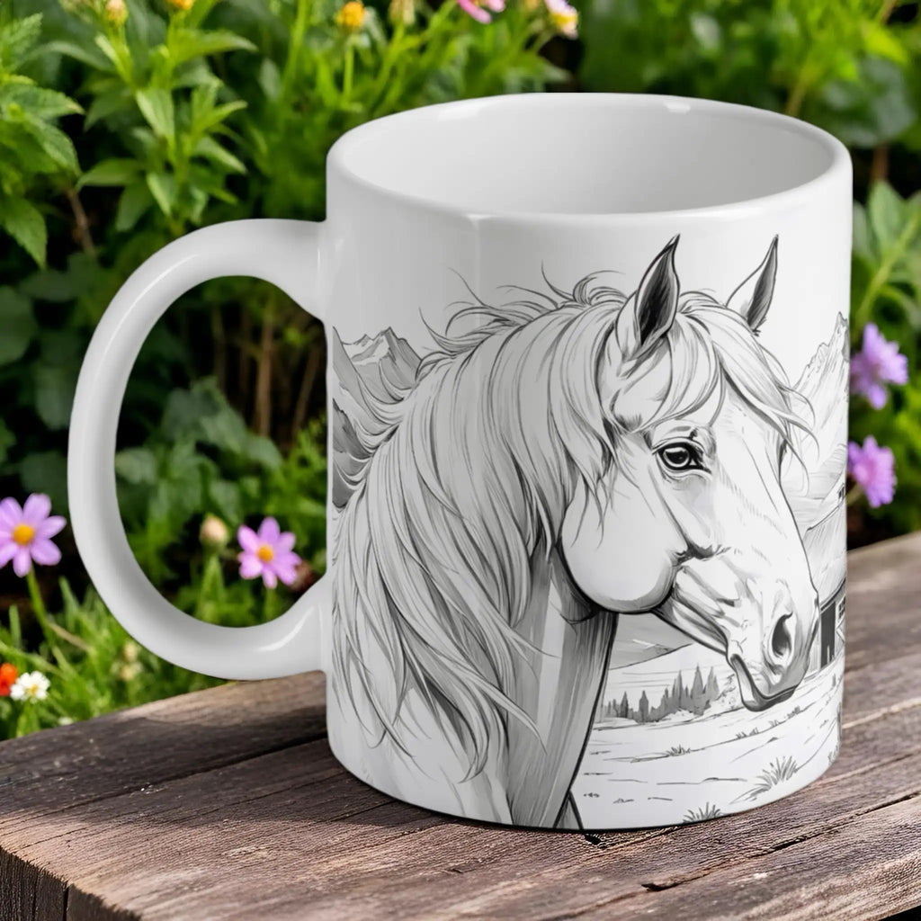 'Elegant Horse Sketch' ceramic mug by Laser Design Creations, featuring a detailed grayscale portrait of a horse.