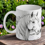 'Elegant Horse Sketch' ceramic mug by Laser Design Creations, featuring a detailed grayscale portrait of a horse.