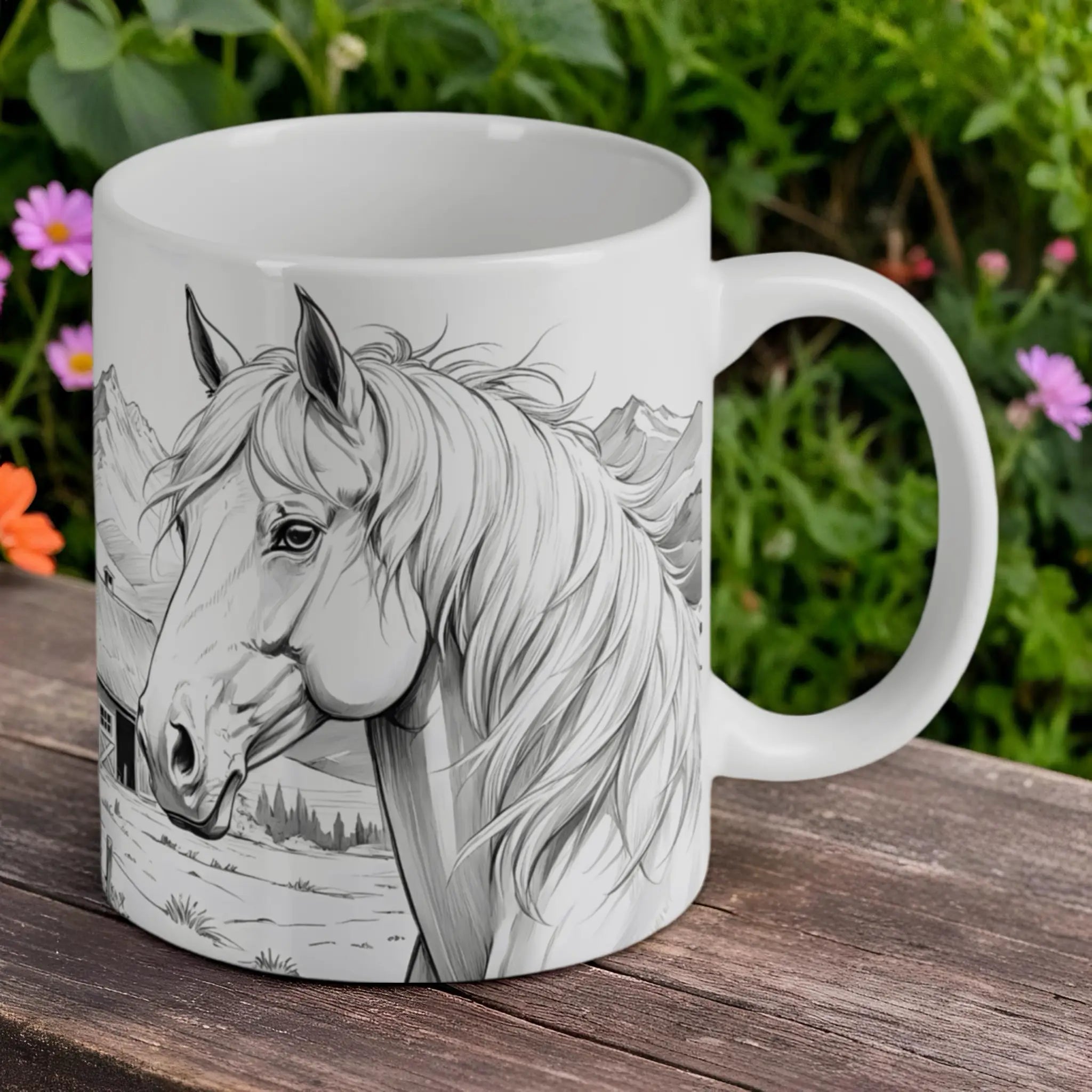 Reverse side of the 'Elegant Horse Sketch' ceramic mug, showcasing the wrap-around rustic scene by Laser Design Creations.