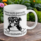 Reverse side of Cheeky Staffy "I'll Be Watching You" mug, showing a Staffy face and text about watching you, by Laser Design Creations.