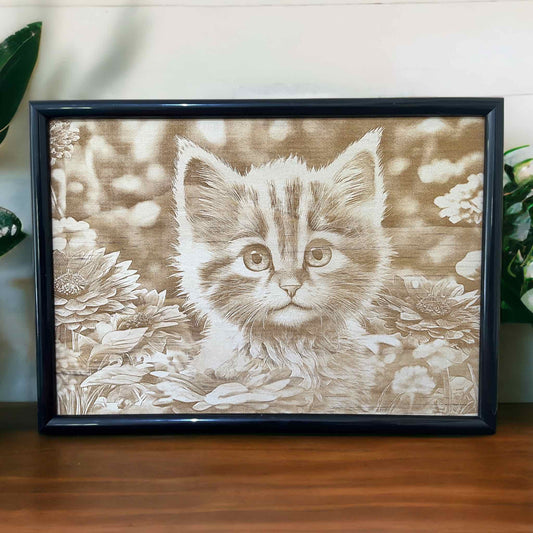 Kitten in Nature - Cat Theme Wood Engraved Art Design - Laser Design Creations