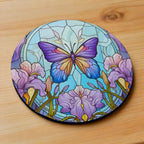 Side view of vibrant purple iris and butterfly neoprene coasters, showcasing a colourful stained glass style floral art background with rich purple petals and a delicate butterfly by Laser Design Creations.