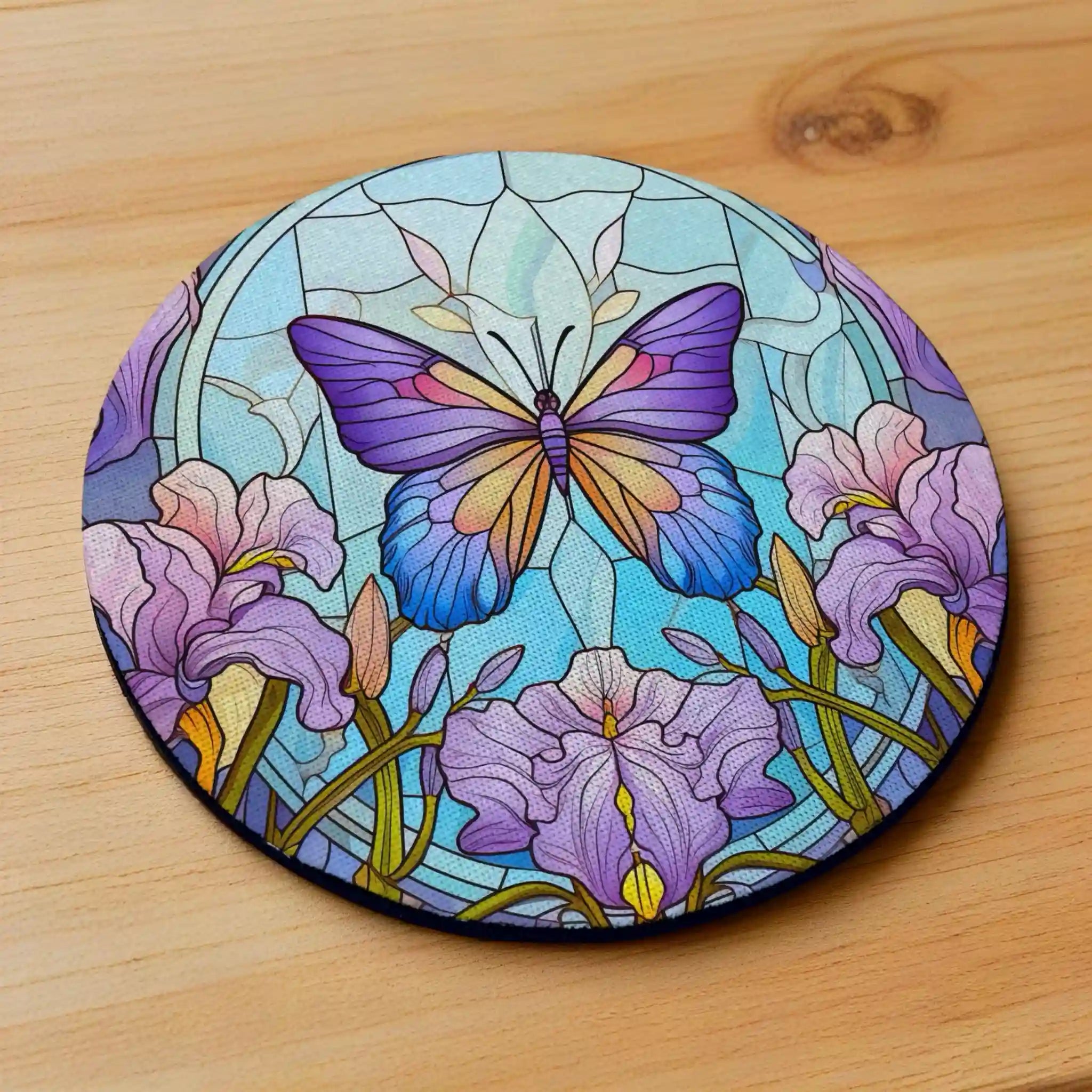 Side view of vibrant purple iris and butterfly neoprene coasters, showcasing a colourful stained glass style floral art background with rich purple petals and a delicate butterfly by Laser Design Creations.