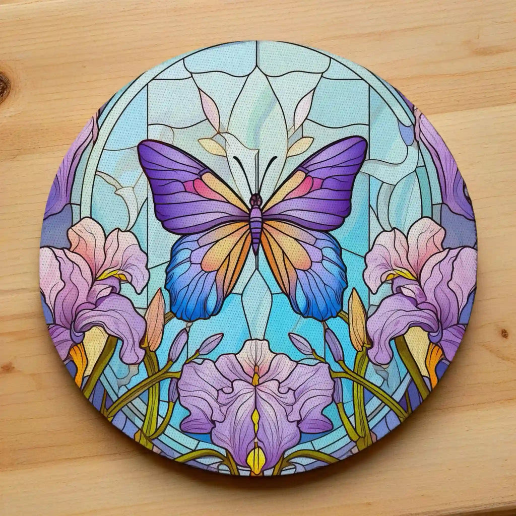 Vibrant purple iris and butterfly neoprene coasters by Laser Design Creations, featuring a stunning stained glass floral design with bright purple iris flowers and a beautiful butterfly.