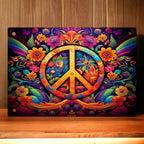 A vibrant psychedelic peace sign made from a collage of colourful, groovy flowers and patterns from Laser Design Creations