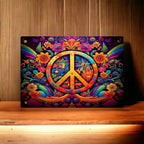 Floral Peace Symbol Novelty Sign by Laser Design Creations, featuring a vibrant peace symbol made of psychedelic flowers in a groovy 60s hippie style.