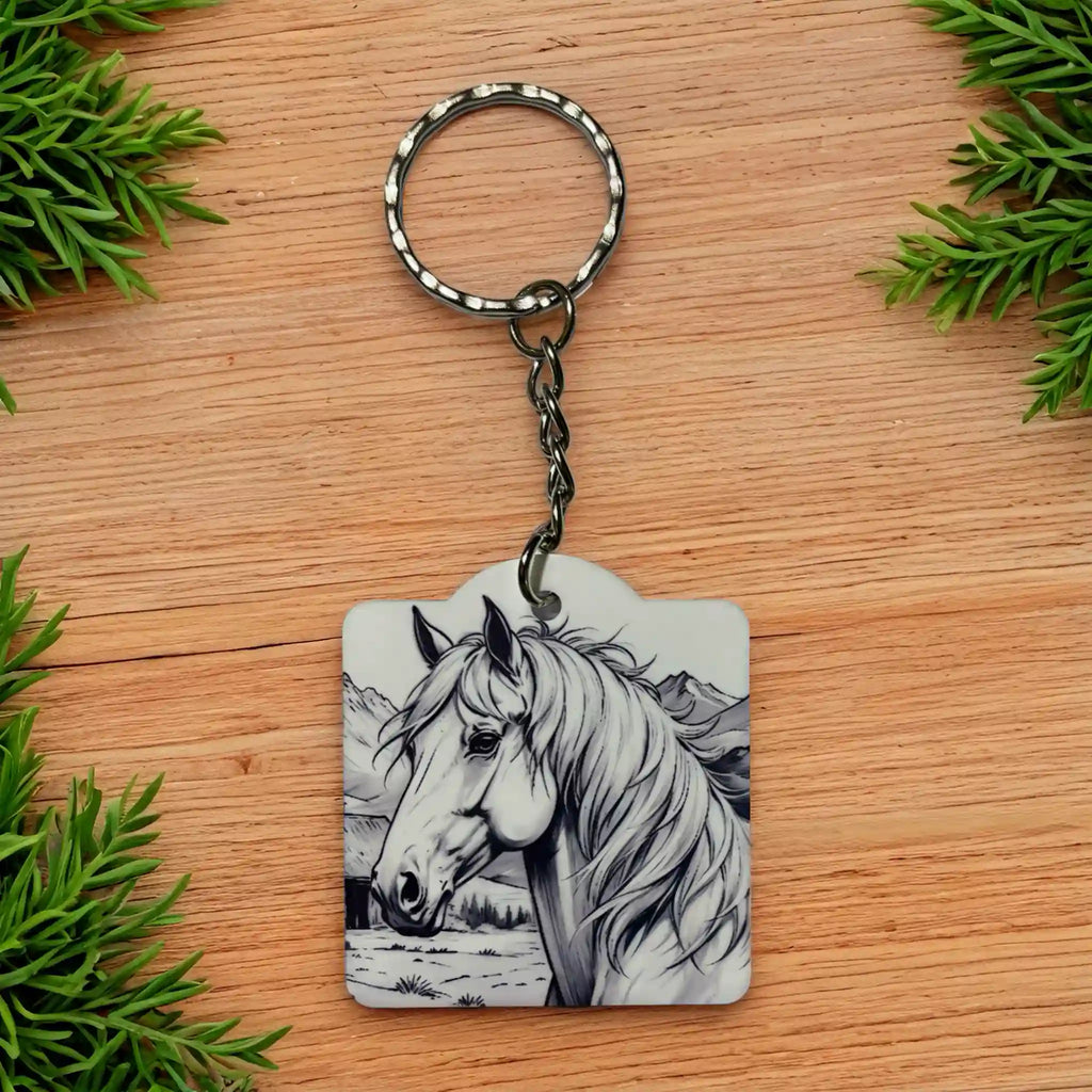Flowing Mane Majestic Horse keyring by Laser Design Creations, featuring a detailed rustic ink sketch of a wild stallion portrait with a flowing mane.