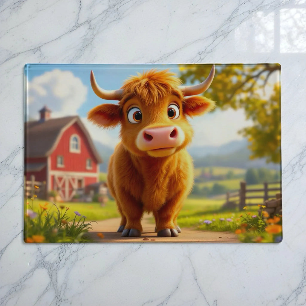 Cute 3D animated fluffy Highland cow and red barn glass chopping board from Laser Design Creations