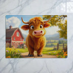 Cute 3D animated fluffy Highland cow and red barn glass chopping board from Laser Design Creations