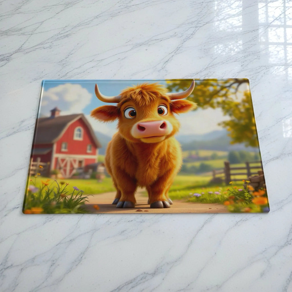 Fluffy Highland Cow glass chopping board by Laser Design Creations, featuring a cute ginger calf standing in front of a traditional red barn.