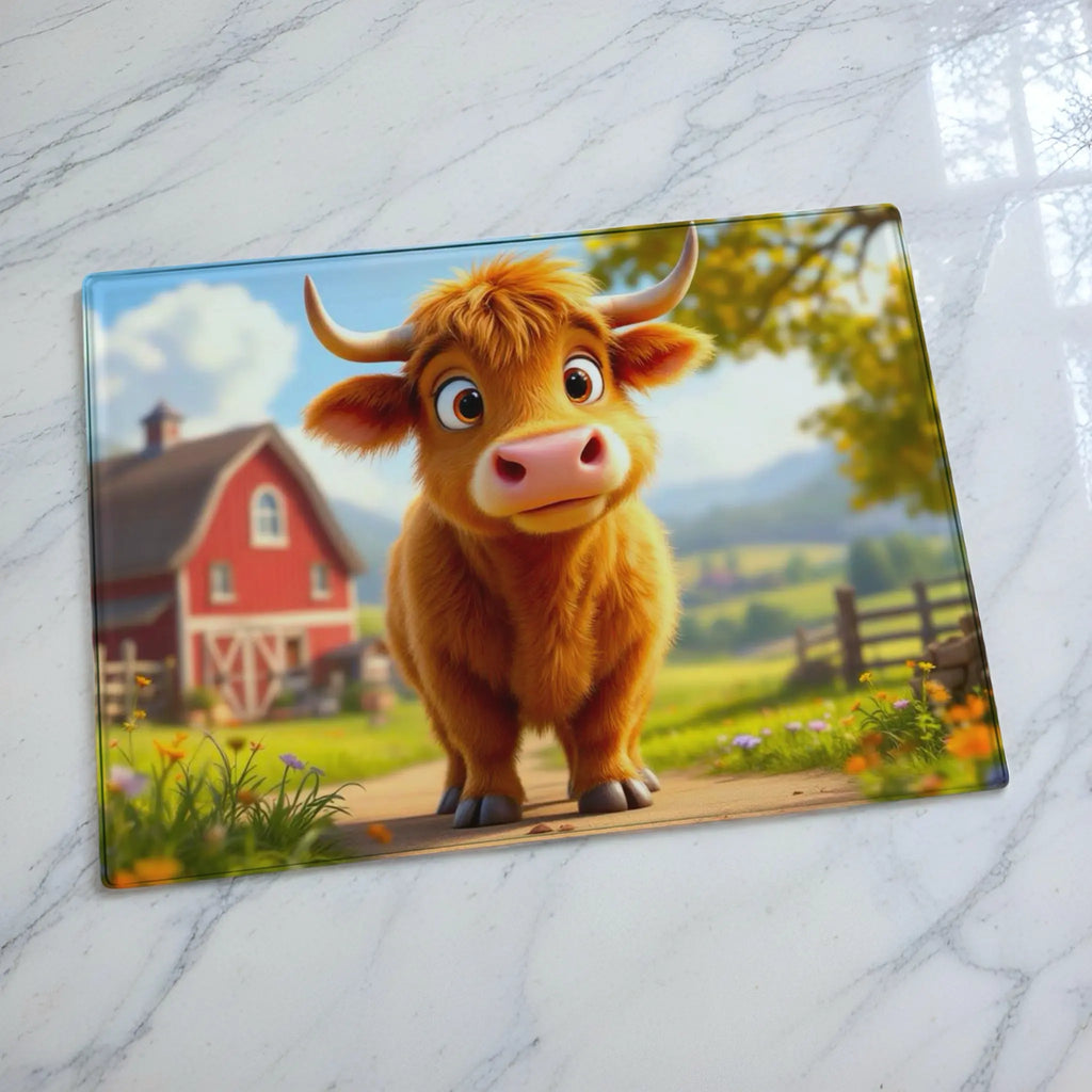 Cute 3D animated Highland cow glass chopping board from Laser Design Creations featuring a fluffy ginger calf posing in front of a red country barn.
