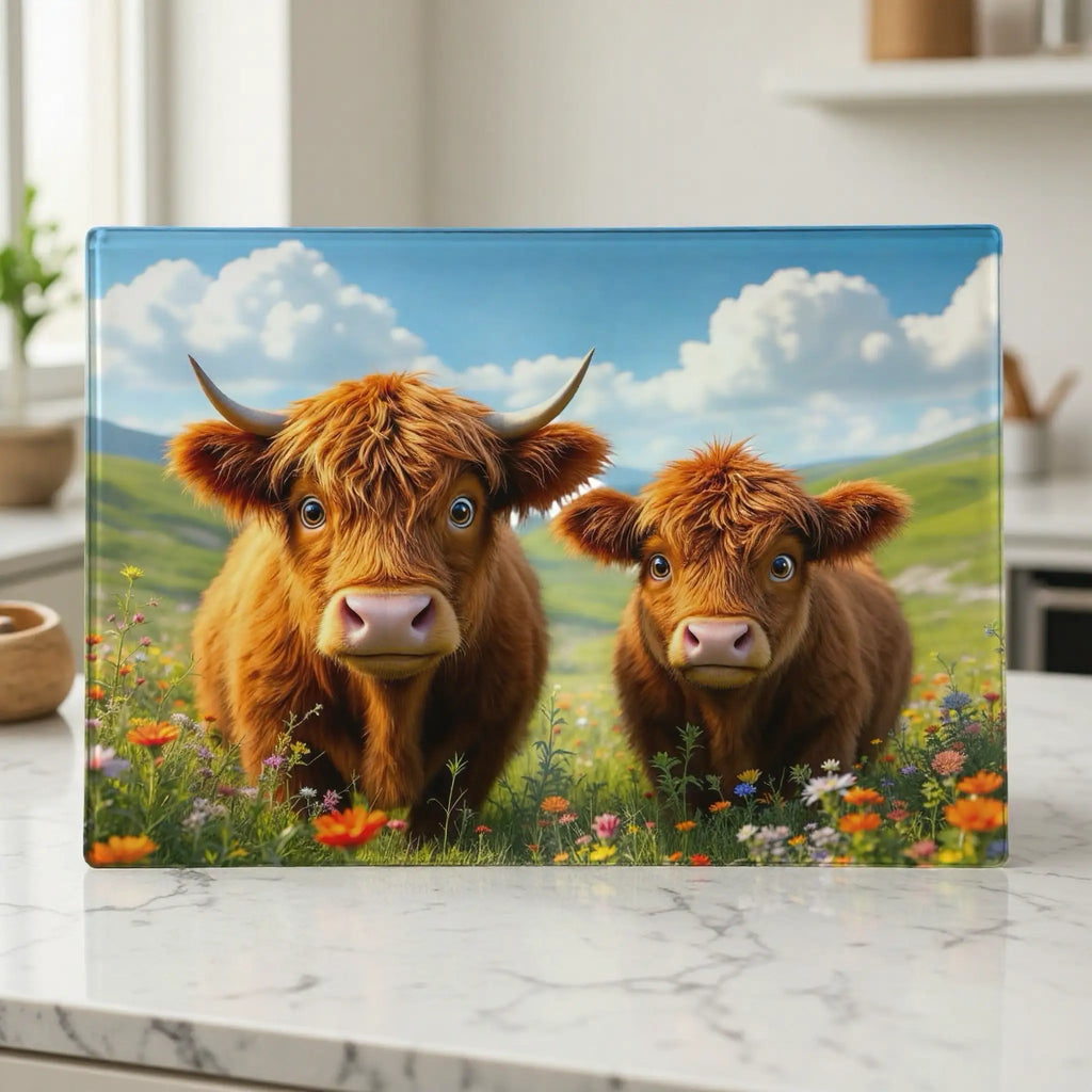 Vibrant illustration of fluffy Highland cows in a colourful wildflower meadow glass chopping board from Laser Design Creations