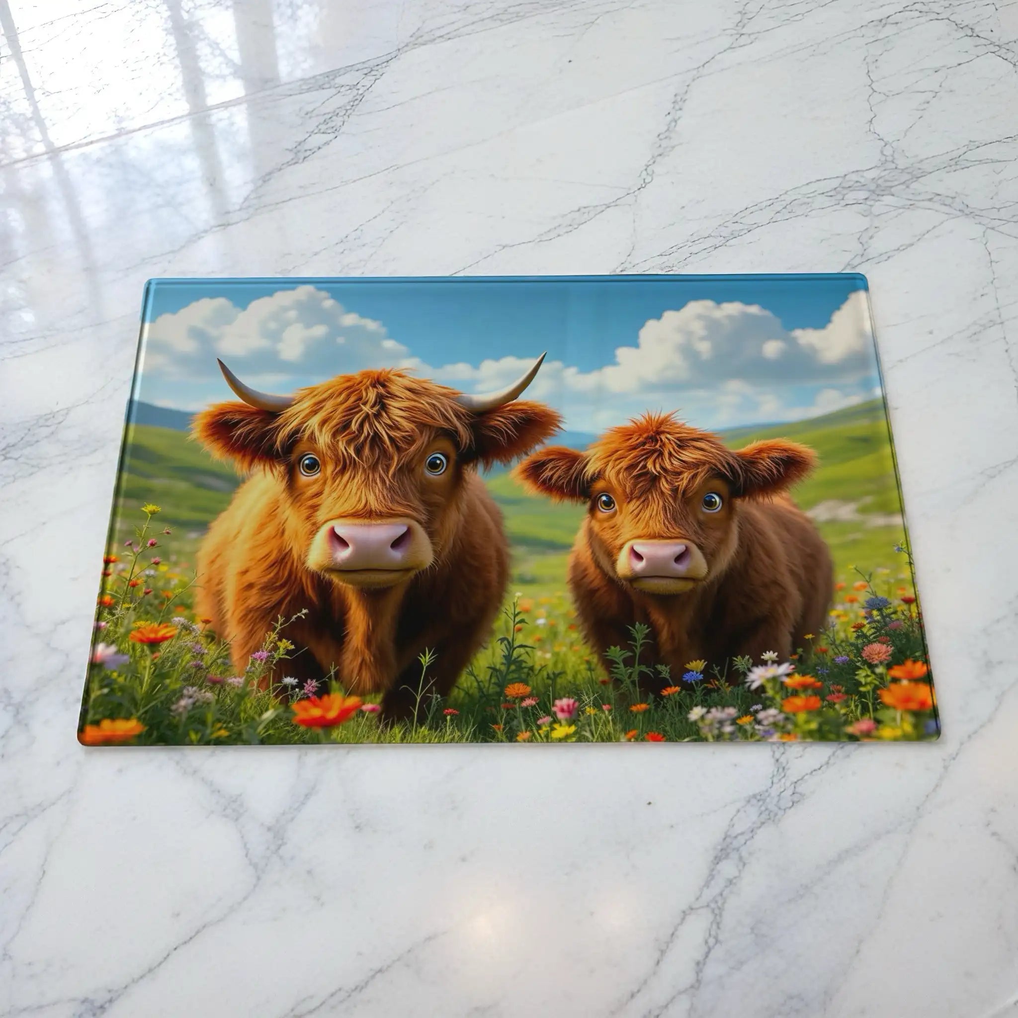 Fluffy Highland Cows glass chopping board by Laser Design Creations, featuring a cute, colourful illustration of Highland cattle grazing in a beautiful wildflower meadow.