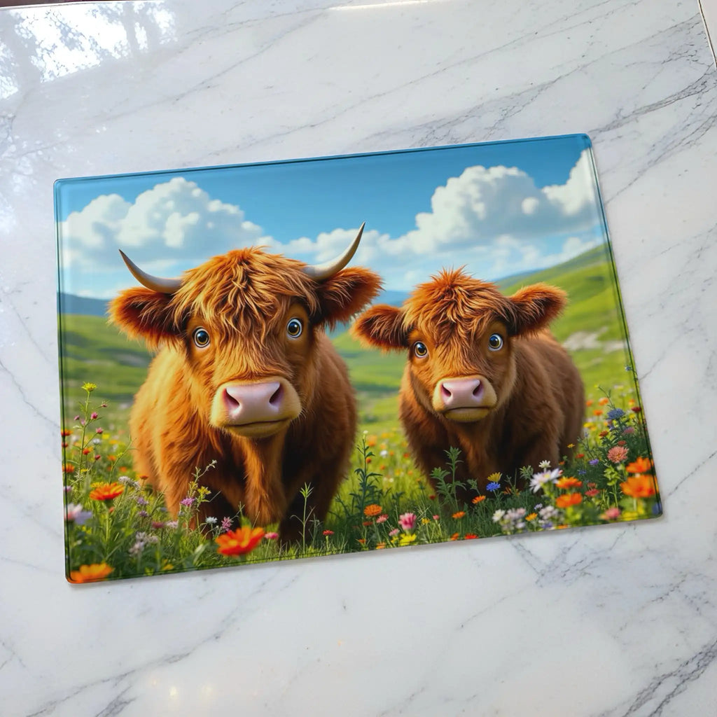 Colourful and cute illustration of fluffy Highland cows in a meadow glass chopping board from Laser Design Creations featuring adorable country farm animals surrounded by vibrant wildflowers.