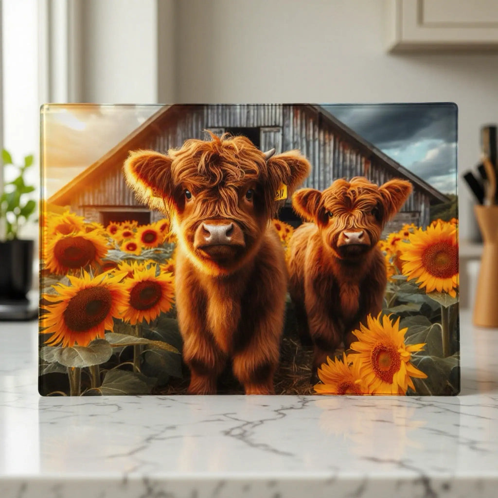 A vibrant farmhouse-style design featuring two fluffy Highland calves standing in a sunny sunflower field chopping board from Laser Design Creations