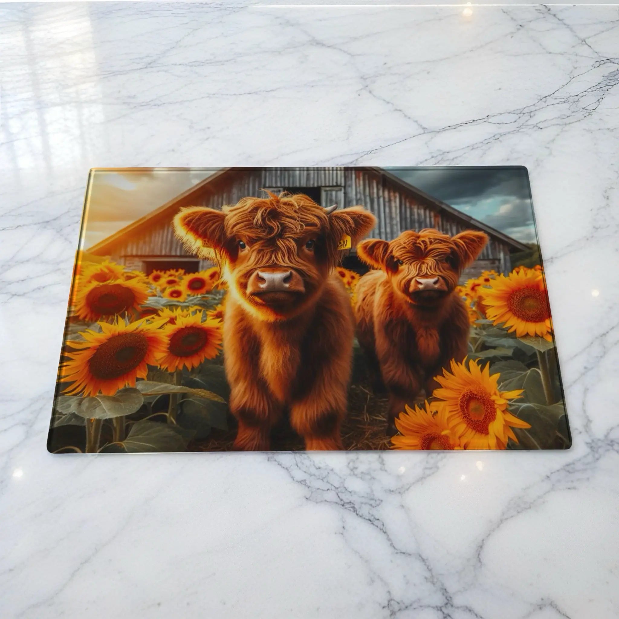 Cute Highland Calves Sunflower Farm chopping board by Laser Design Creations, featuring two adorable fluffy cows amidst a vibrant field of sunflowers.