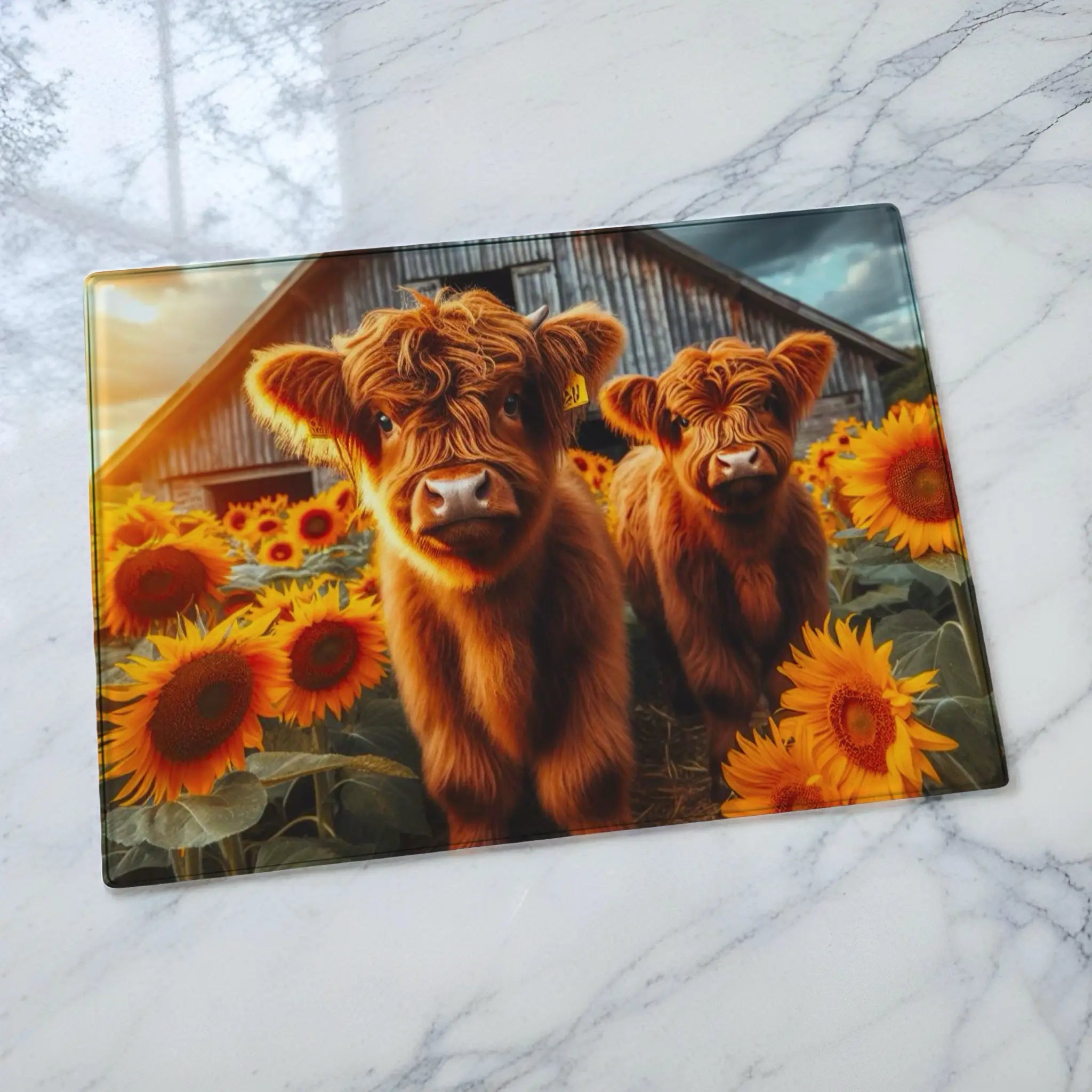 Cute Highland Calves Sunflower Farm chopping board by Laser Design Creations, featuring two adorable fluffy cows amidst a vibrant field of sunflowers. Displayed on a marble countertop.