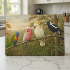 Vibrant natural illustration of native Australian birds, including a lorikeet, galah, cockatoo & magpie, glass chopping board from Laser Design Creations