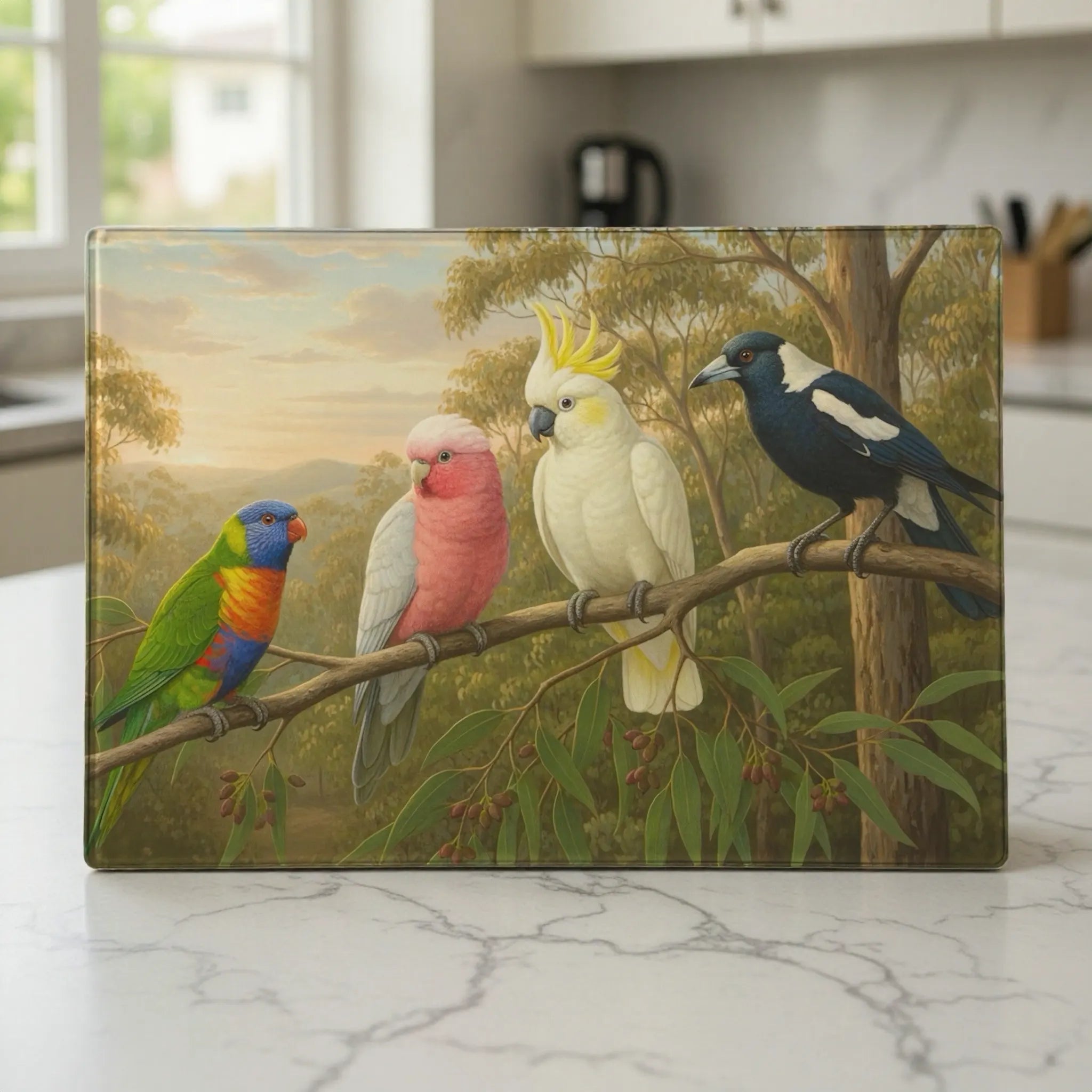 Vibrant natural illustration of native Australian birds, including a lorikeet, galah, cockatoo & magpie, glass chopping board from Laser Design Creations