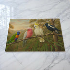 Four Aussie bush birds glass chopping board by Laser Design Creations, featuring a vibrant, natural illustration of native bird species.