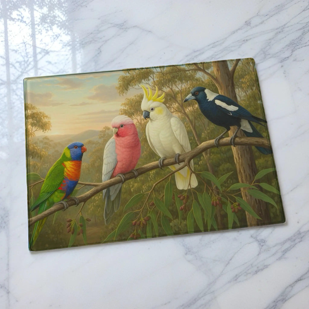 Vibrant Australian native birds glass chopping board from Laser Design Creations featuring a colourful galah, rainbow lorikeet, white cockatoo & a magpie.