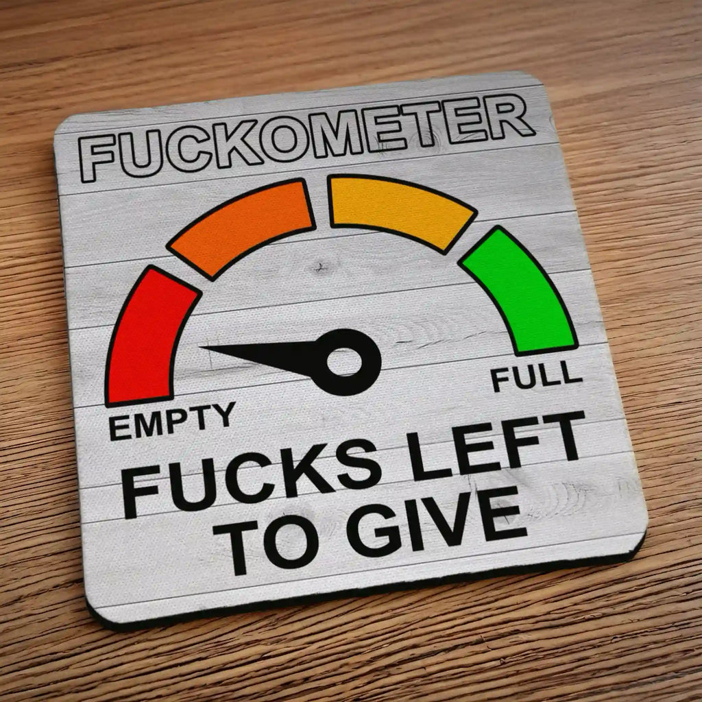 Side view of F*ckometer F*cks Left to Give neoprene coaster with a close up of the black non-slip base, by Laser Design Creations.