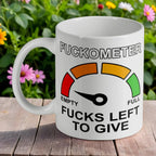 F*ckometer F*cks Left to Give ceramic mug by Laser Design Creations, featuring a sarcastic dial gauge design showing zero F*cks left on a plain white background.