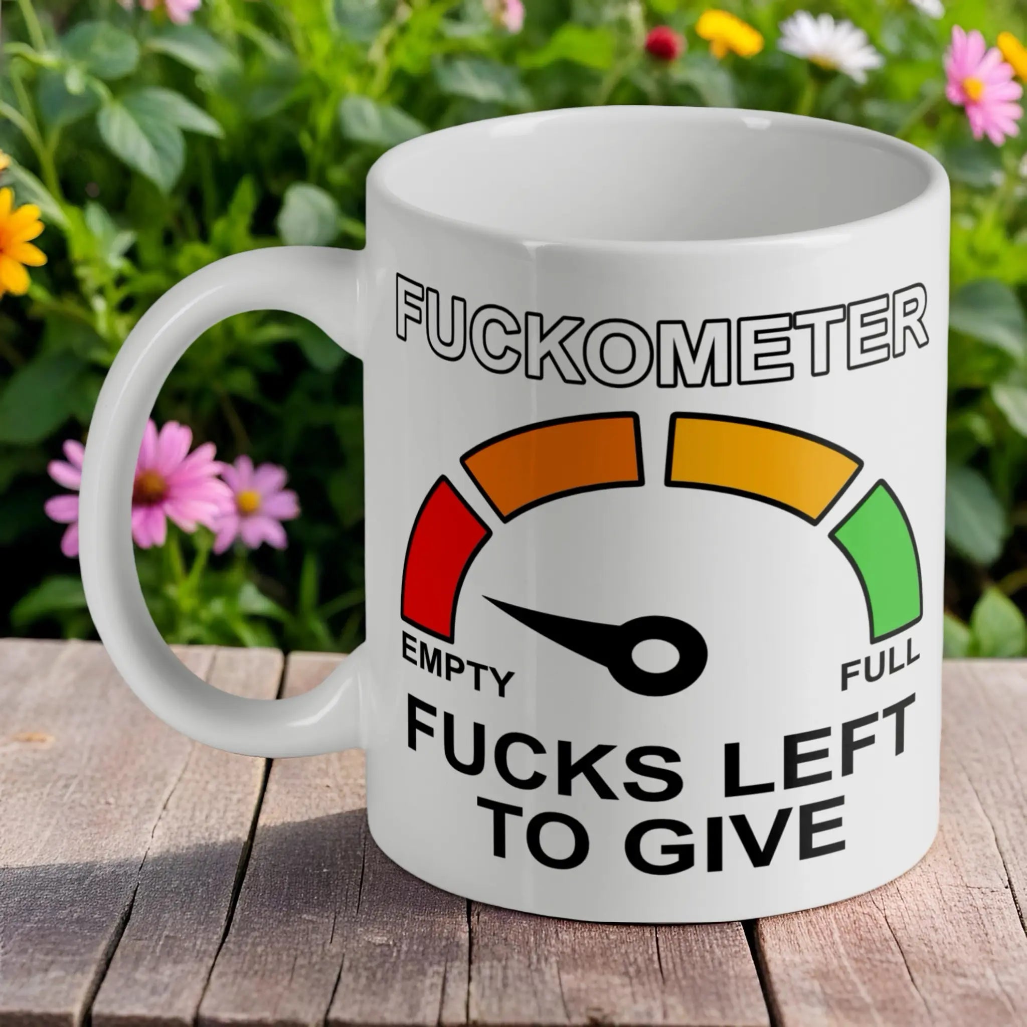 F*ckometer F*cks Left to Give ceramic mug by Laser Design Creations, featuring a sarcastic dial gauge design showing zero F*cks left on a plain white background.
