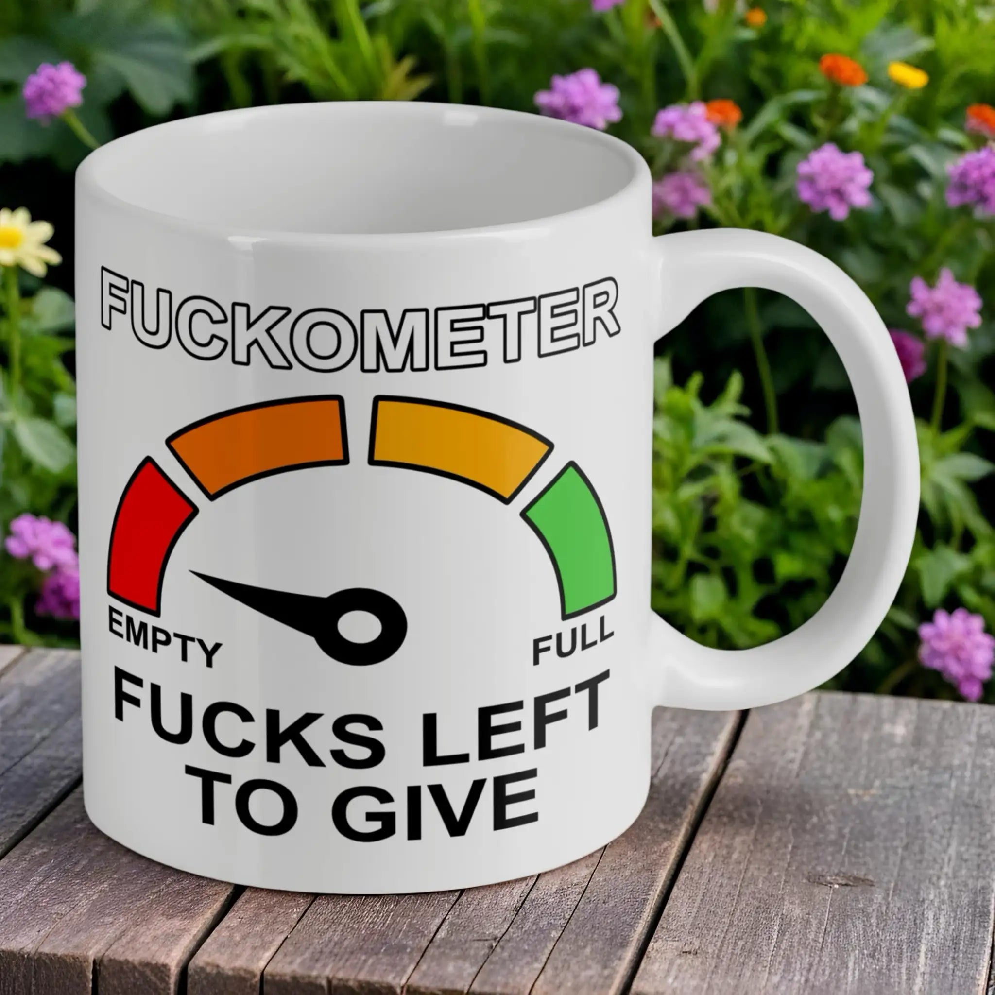 Reverse side of F*ckometer F*cks Left to Give mug, showing the humorous gauge reading empty by Laser Design Creations.
