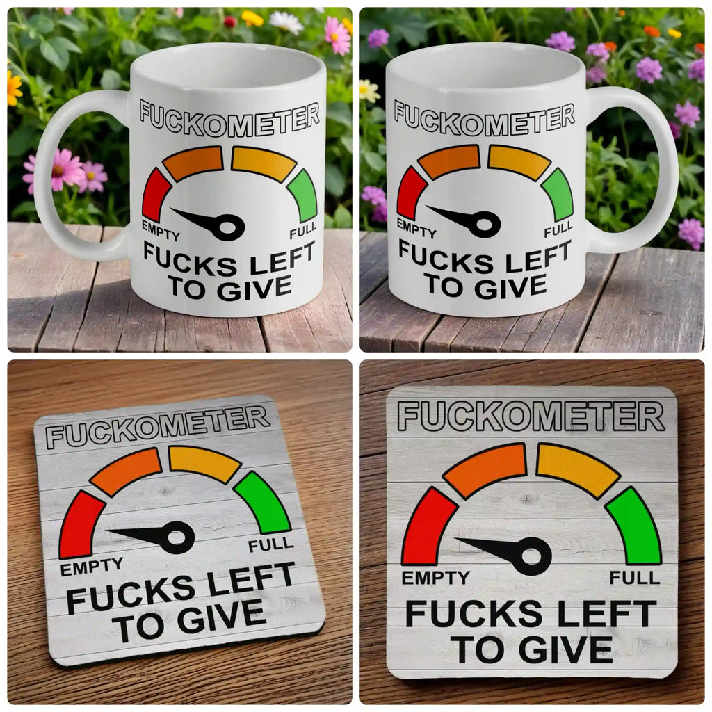 F*ckometer F*cks Left to Give mug and coaster combo gift set collage, featuring the funny dial gauge design on a solid background, by Laser Design Creations.