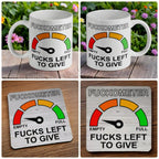F*ckometer F*cks Left to Give mug and coaster combo gift set collage, featuring the funny dial gauge design on a solid background, by Laser Design Creations.