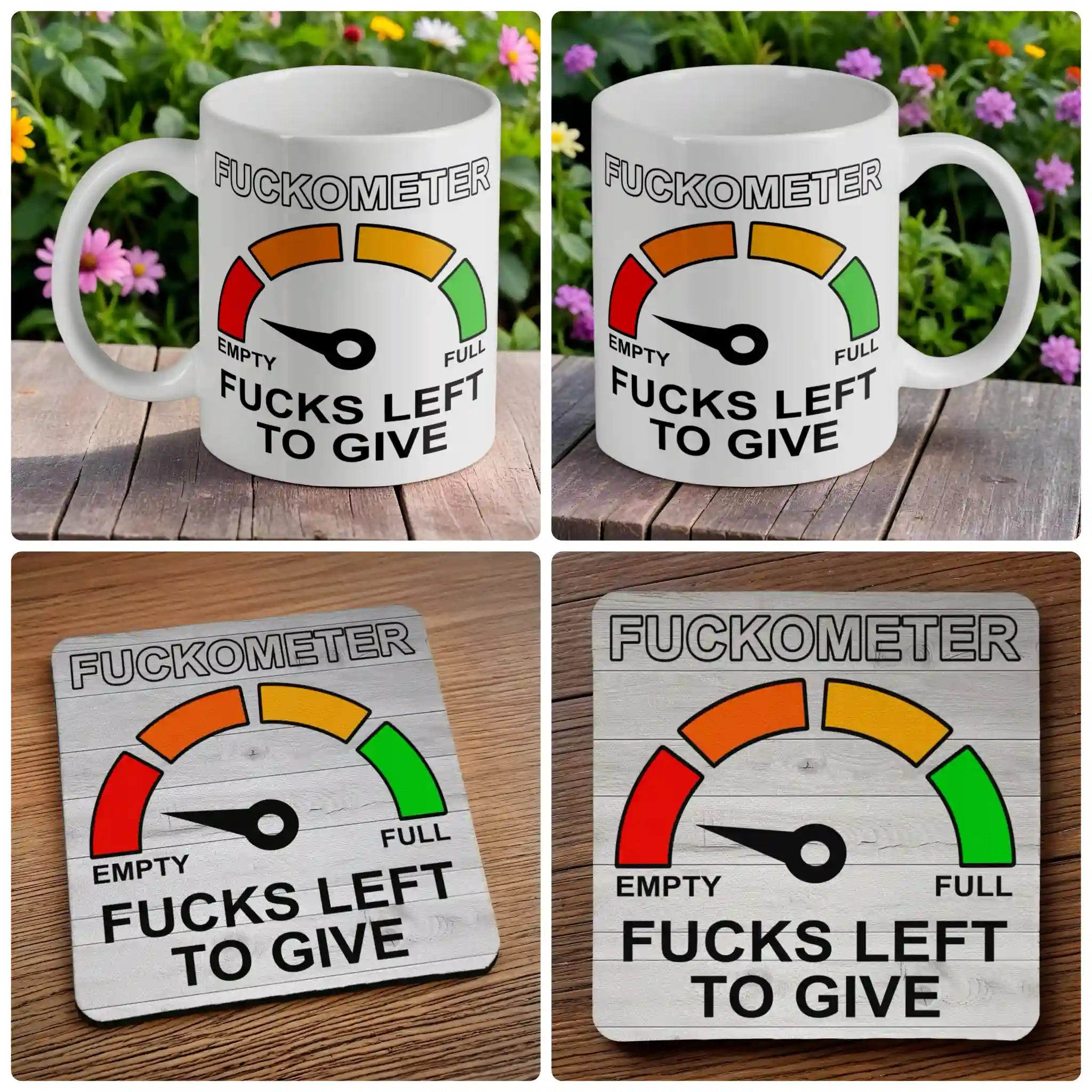 F*ckometer F*cks Left to Give mug and coaster combo gift set collage, featuring the funny dial gauge design on a solid background, by Laser Design Creations.