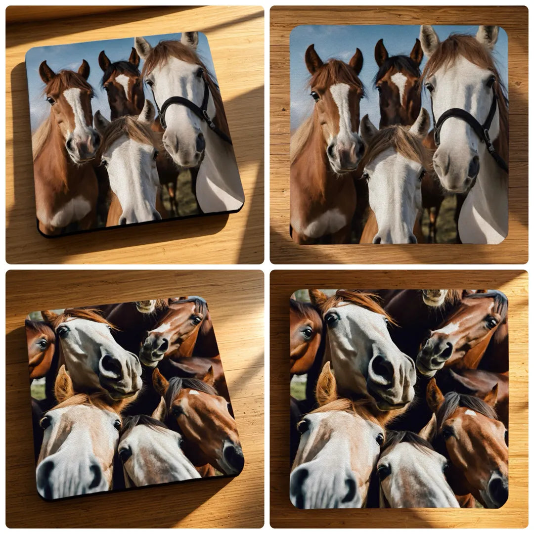 Lifestyle collage image of the Funny Horse Selfie neoprene coasters, printed by Australian small business Laser Design Creations.