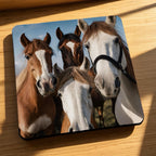 Side view of Funny Horse Selfie Style 1 neoprene coasters, showcasing a whimsical group of cheeky, curious horses pulling goofy faces for a photo by Laser Design Creations.