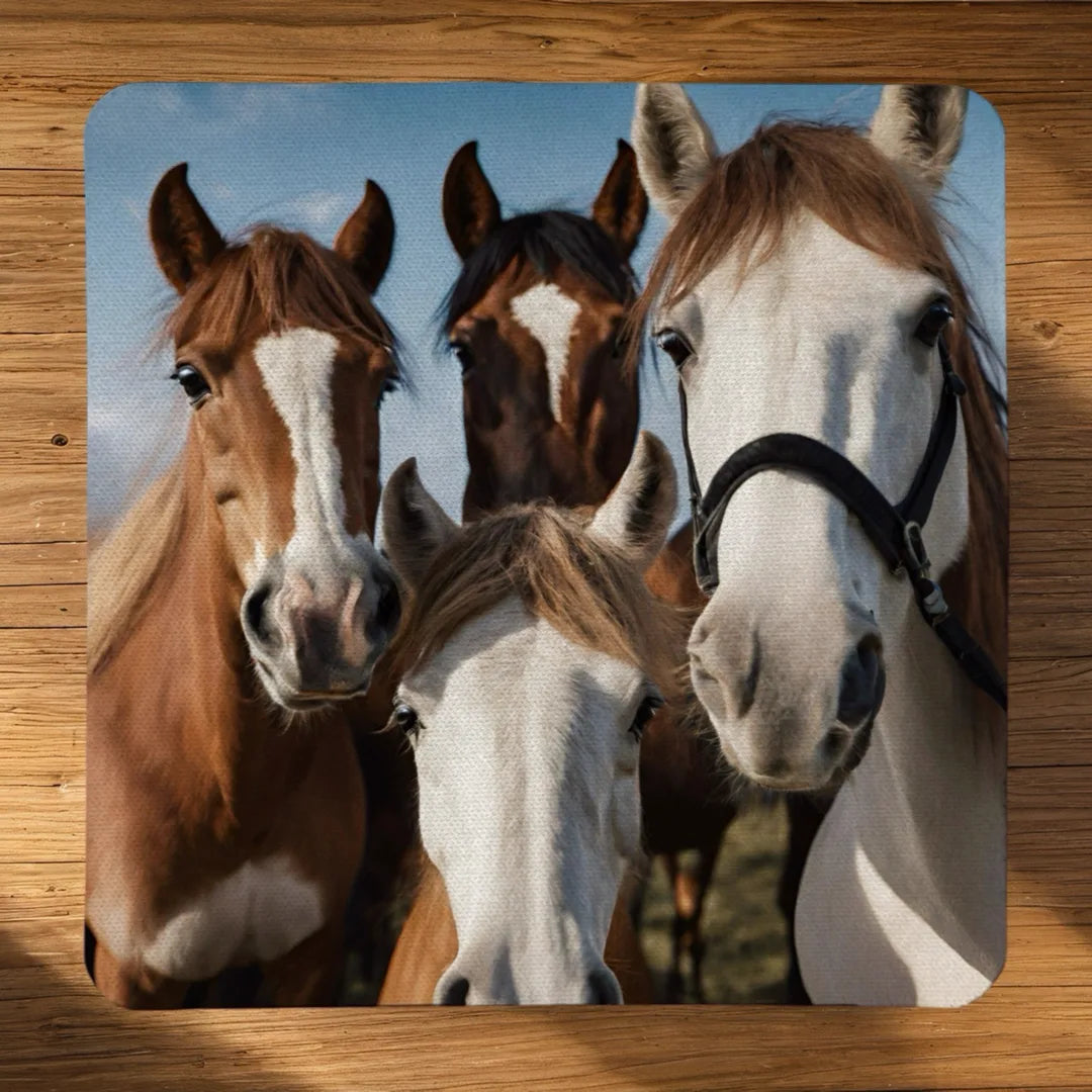 Funny Horse Selfie style 1 neoprene coasters by Laser Design Creations, featuring a funny, whimsical photographic group of horses huddled together for a playful selfie.