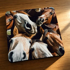 Side view of Funny Horse Selfie Style 2 neoprene coasters, showcasing a whimsical group of cheeky, curious horses pulling goofy faces for a photo by Laser Design Creations.