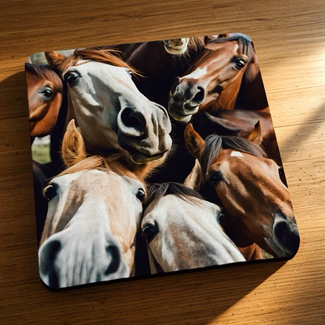Side view of Funny Horse Selfie Style 2 neoprene coasters, showcasing a whimsical group of cheeky, curious horses pulling goofy faces for a photo by Laser Design Creations.