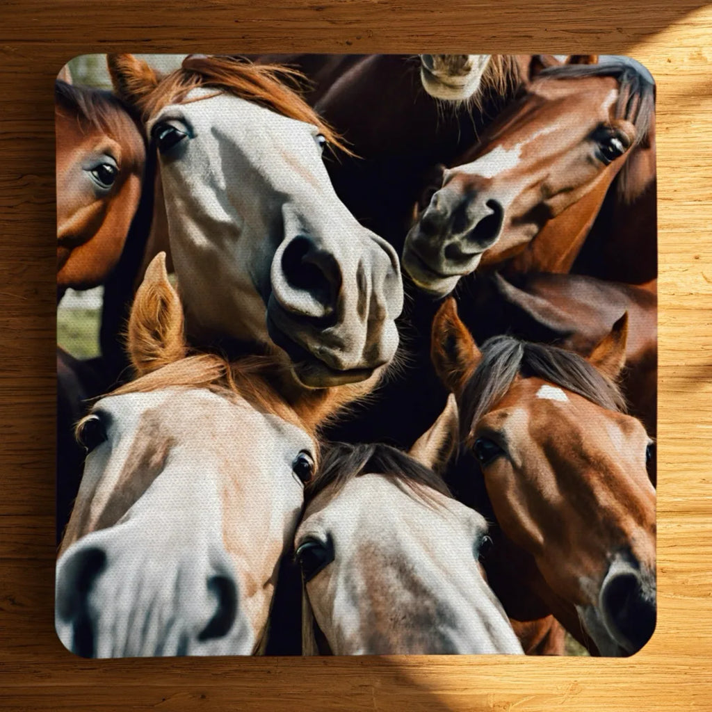 Funny Horse Selfie style 2 neoprene coasters by Laser Design Creations, featuring a funny, whimsical photographic group of horses huddled together for a playful selfie.
