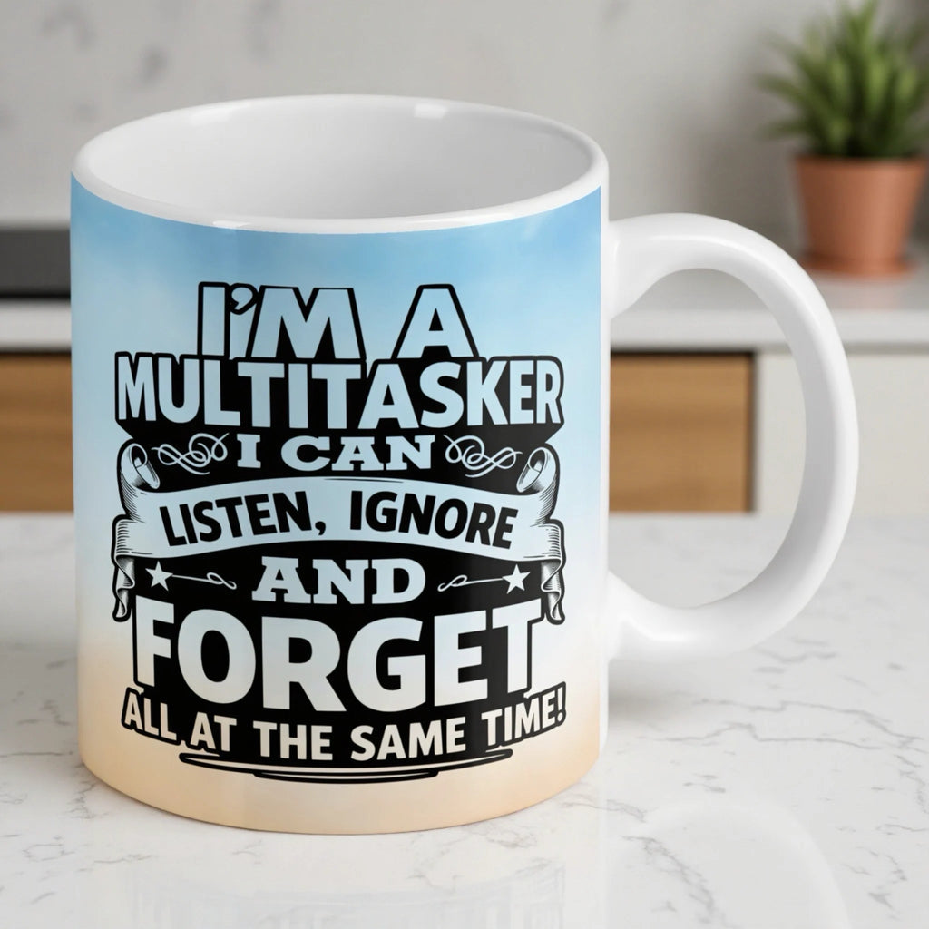 Reverse side of Funny Multitasker mug, sarcastic office quote design with bold typography by Laser Design Creations.