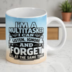Reverse side of Funny Multitasker mug, sarcastic office quote design with bold typography by Laser Design Creations.