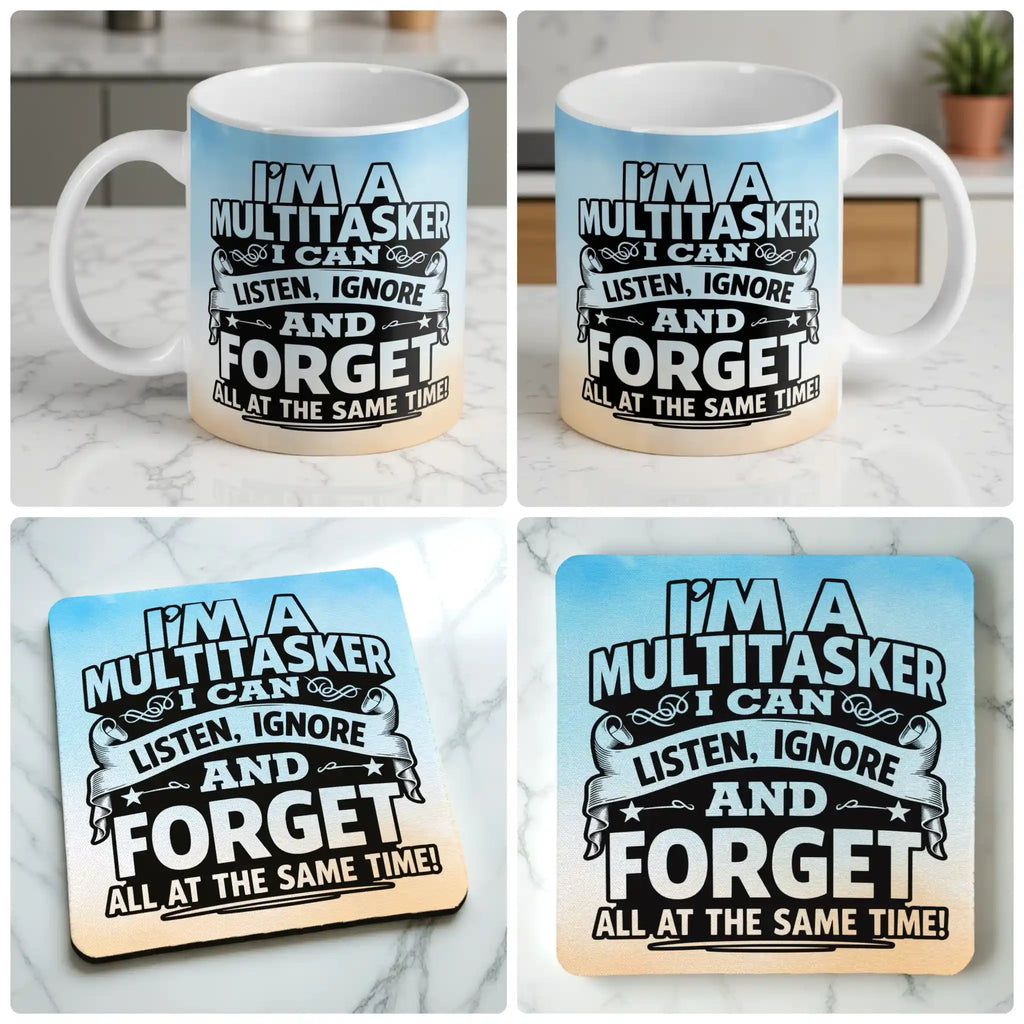 Funny Multitasker quote mug and coaster combo gift set collage, sarcastic office humour text on a neutral background, by Laser Design Creations.