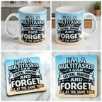 Funny Multitasker quote mug and coaster combo gift set collage, sarcastic office humour text on a neutral background, by Laser Design Creations.
