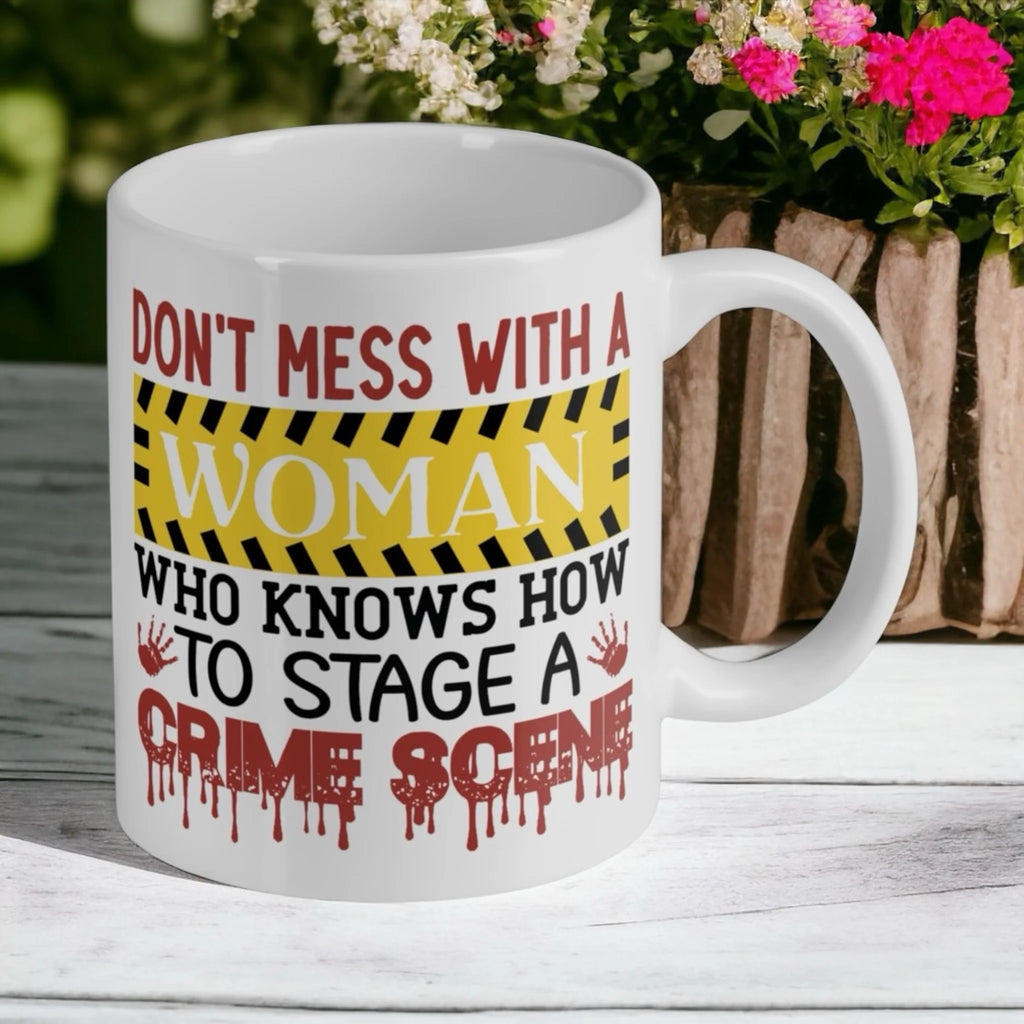 Reverse side of the "Crime Scene Quote" ceramic mug, showcasing the wrap-around artwork by Laser Design Creations.